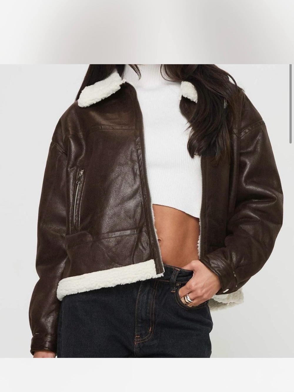 Princess Polly Dark Brown Faux Leather Jacket with Cream Shearling Trim